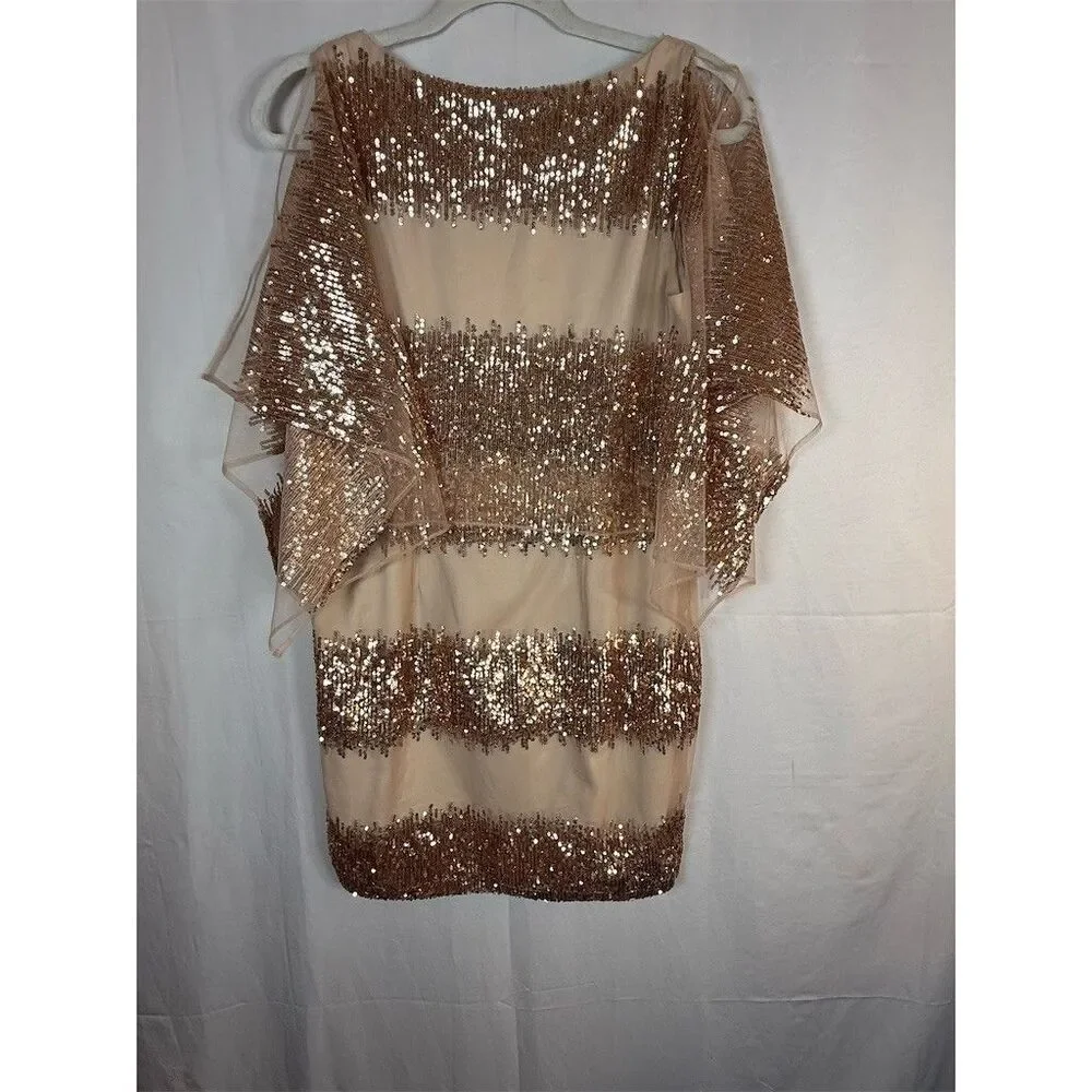 Belle Badgley Mischka Dress Womens 6 Beige Sequin Stripe Sheer Cape Cocktail - Picture 11 of 16